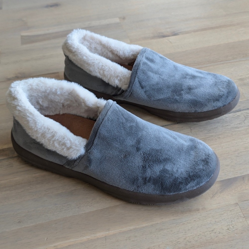 VIONIC Grey Velvet Faux Fur‎ Trim Orthotic Slip-On Slippers Women's Size 7.5